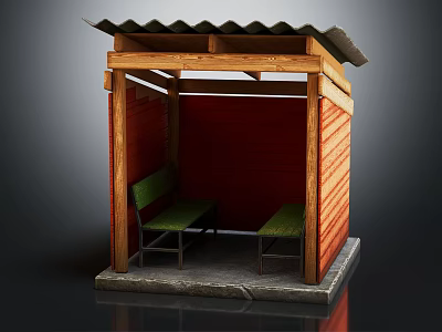 Wooden Shelter With Corrugated Roof Green Benches Red Walls And Stone Base 3d model
