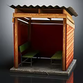 Wooden Shelter With Corrugated Roof Green Benches Red Walls And Stone Base