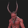Game And Movie Character Red Demon With Large Horns Muscular Body And Tail