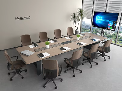 Modern Conference Table With Ergonomic Chairs Laptop Documents And Large Screen In Office Meeting Room 3d model