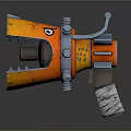 Mechanical Weapon With Orange Yellow Blades Sharp Edges Green Lights And Blue Handle