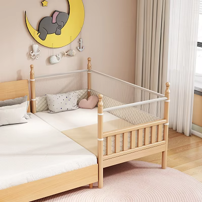 Wooden Children's Bed With Safety Guardrail Soft Pillows And Yellow Circular Wall Decor By Window 3d model