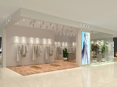 Modern Clothing Store With Clothes On Gold Racks Spotlights Window Display Mannequins And Green Plants 3d model