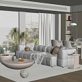 Cream Style Home Guest Restaurant Fabric Sofa Coffee Table Combination Round Coffee Table Dining Table and Chair Combination Backrest Dining Chair Leisure Sofa Chair Floor-to-ceiling Window Decoration Ornaments 3d model