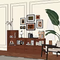 Stylish Entryway Cabinet Sideboard With Framed Art Books Coffee Machine Lamp And Green Leaves