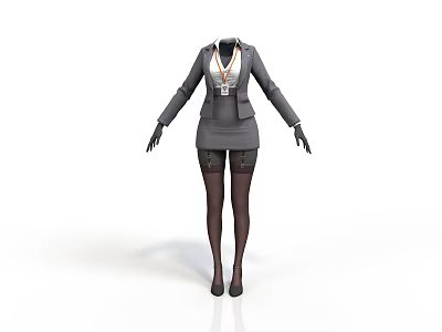 Woman In Gray Professional Suit Dress With Badge Black Stockings And High Heels 3d model