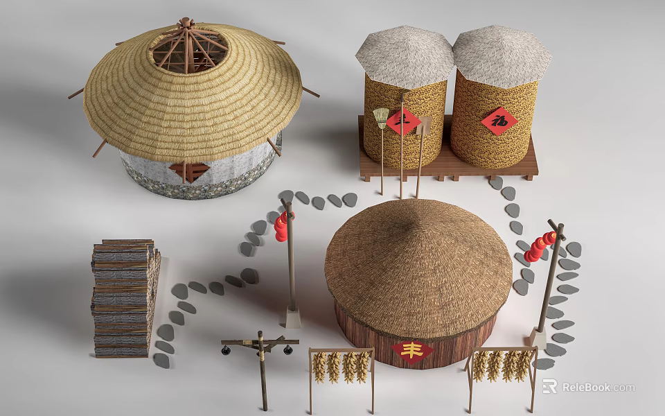 Traditional Garden Ornaments Featuring Straw Structures Red Lanterns Stone Steps And Corn Strings 3d model