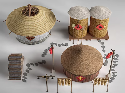 Traditional Garden Ornaments Featuring Straw Structures Red Lanterns Stone Steps And Corn Strings 3d model