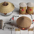 Traditional Garden Ornaments Featuring Straw Structures Red Lanterns Stone Steps And Corn Strings 3d model