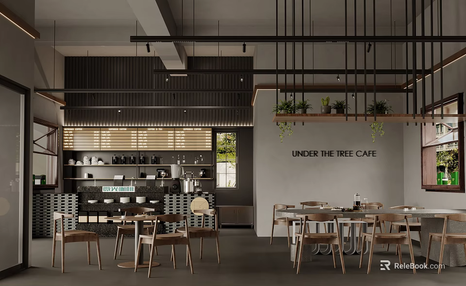 Modern Under The Tree Cafe Interior With Wooden Chairs And Plants 3d model 