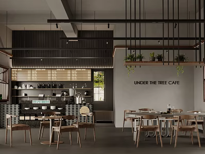 Modern Under The Tree Cafe Interior With Wooden Chairs And Plants 3d model
