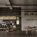 Modern Under The Tree Cafe Interior With Wooden Chairs And Plants
