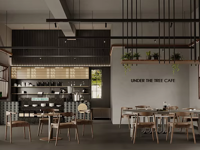 Modern Under The Tree Cafe Interior With Wooden Chairs And Plants 3d model