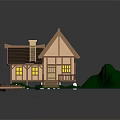 Cartoon Style Cottage Scene with Brown Roof Ladder Yellow Windows Wooden Stairs and Green Grass