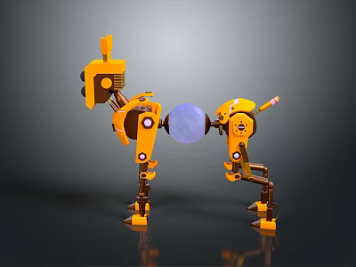 Yellow Mechanical Creature Design With Blue Sphere Connection And Limb Structure 3d model