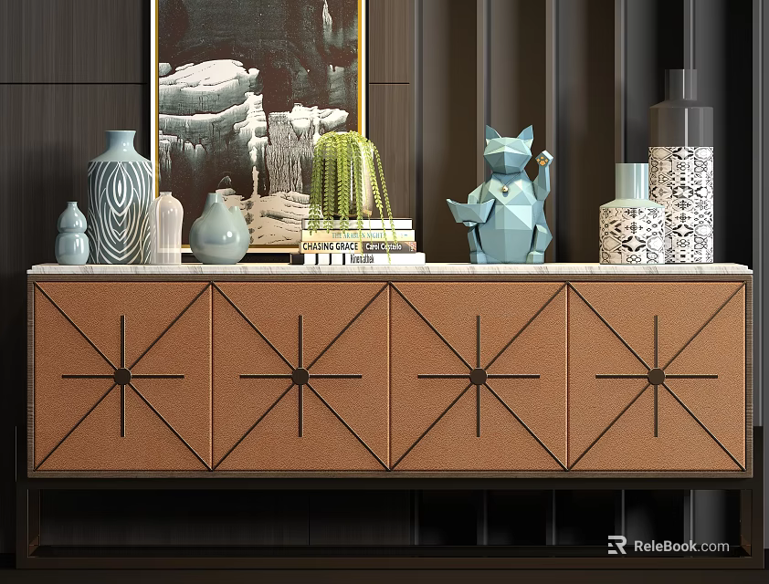 Brown Decorative Cabinet With Star Pattern Doors Featuring Vases Cactus Geometric Cat Figurine And Books 3d model 