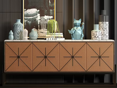 Brown Decorative Cabinet With Star Pattern Doors Featuring Vases Cactus Geometric Cat Figurine And Books 3d model