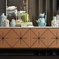 Brown Decorative Cabinet With Star Pattern Doors Featuring Vases Cactus Geometric Cat Figurine And Books