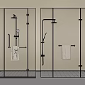 Modern Shower Head in Black and Gold Framed Glass Enclosures with Towel Racks and Towels