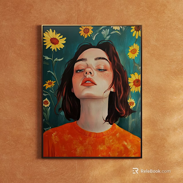 Portrait Painting of Woman with Short Hair in Orange Top and Sunflowers on Green Background 3d model 