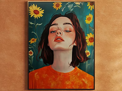 Portrait Painting of Woman with Short Hair in Orange Top and Sunflowers on Green Background 3d model