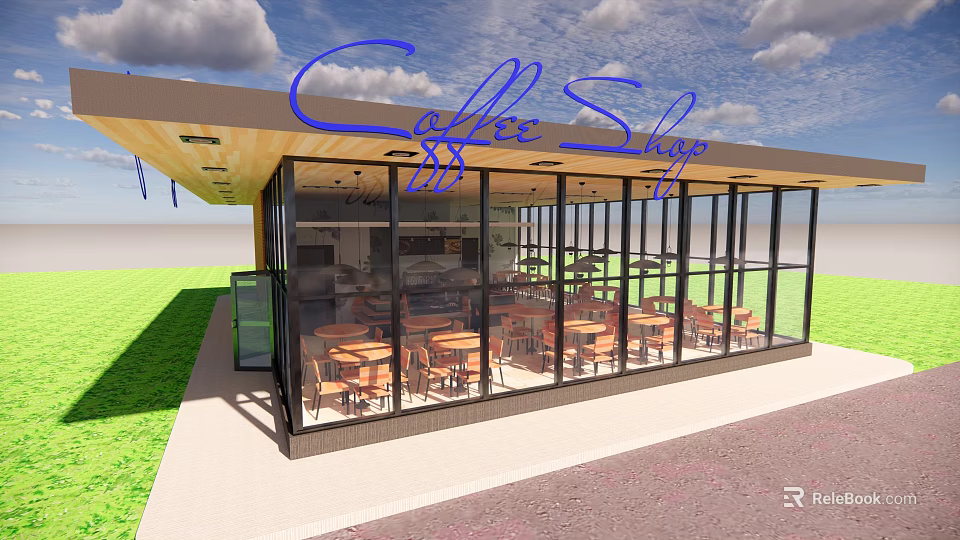 Coffee Shop Design With Wooden Roof Large Glass Windows Indoor Tables And Chairs 3d model 