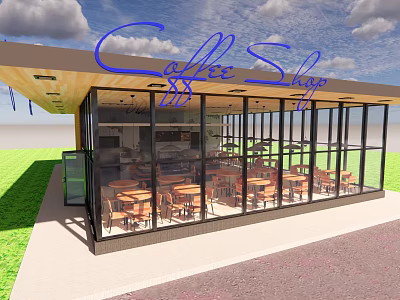 Coffee Shop Design With Wooden Roof Large Glass Windows Indoor Tables And Chairs 3d model