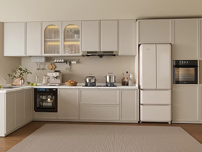 Modern Kitchen Interior Featuring White Cabinets With Glass Doors Countertop Appliances And Potted Plants 3d model