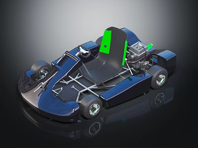 Blue Go Kart With Green Seat Frame Wheels And Engine Details 3d model