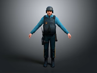A Man in Blue Uniform Wearing Black Bulletproof Vest and Helmet with Waist Equipment 3d model