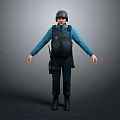 A Man in Blue Uniform Wearing Black Bulletproof Vest and Helmet with Waist Equipment