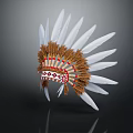 Traditional Native American Feather Headdress Featuring White Plumes Brown Trim And Red Patterns