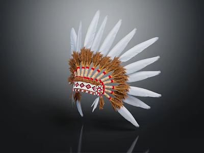 Traditional Native American Feather Headdress Featuring White Plumes Brown Trim And Red Patterns 3d model