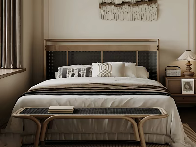 Modern Double Bed With Wooden Woven Headboard White Striped Bedding Bedside Lamp And Neutral Curtains 3d model