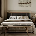 Modern Double Bed With Wooden Woven Headboard White Striped Bedding Bedside Lamp And Neutral Curtains