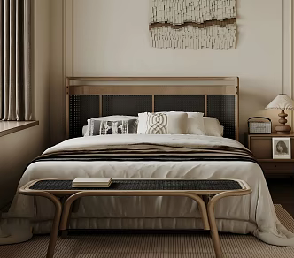 French Retro Solid Wood Rattan Double Bed 3d model