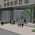 Modern Multi Storey Office Building With Glass Curtain Wall Landscaping And Pedestrians