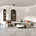 Modern Living Room Sofa And Coffee Table Set With Orange Pillows Green Plants And Decorative Bookshelves