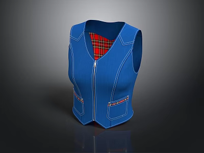 Blue Casual Vest With Front Zipper And Red Plaid Lining Pockets 3d model