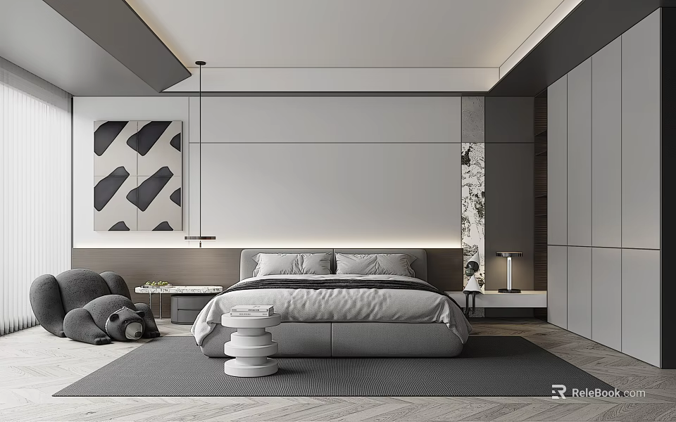 Modern Minimalist Bedroom Interior With Gray Bed Decorative Painting Pendant Light And Area Rug 3d model 