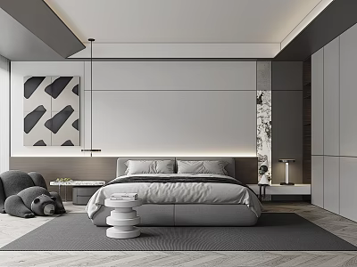 Modern Minimalist Bedroom Interior With Gray Bed Decorative Painting Pendant Light And Area Rug 3d model