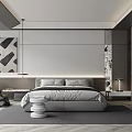 Modern Minimalist Bedroom Interior With Gray Bed Decorative Painting Pendant Light And Area Rug
