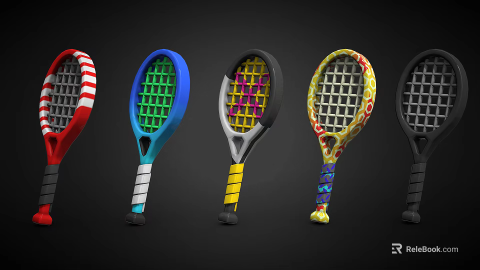 Colorful Tennis Rackets With Various Designs And Vibrant Patterns As Sports Equipment 3d model 