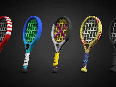 Colorful Tennis Rackets With Various Designs And Vibrant Patterns As Sports Equipment 3d model