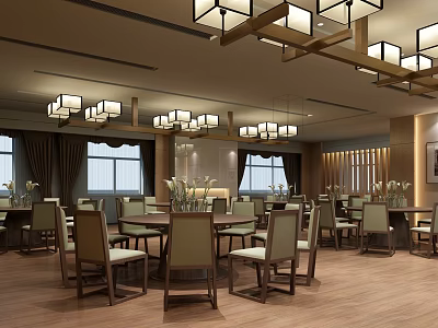 Elegant Restaurant Interior With Wooden Flooring Chandeliers Dining Tables And Windows 3d model