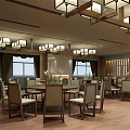 Elegant Restaurant Interior With Wooden Flooring Chandeliers Dining Tables And Windows