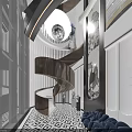 Elegant Modern Reception Desk Area With Circular Chandelier Fireplace And Marble Floor