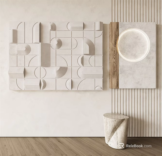 Modern Geometric Wall Decor With Relief Patterns And Circular Accent Light 3d model 