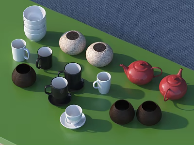 Various Colored Tea Set With Teacups Teapots Bowls On Green Table Blue Background 3d model