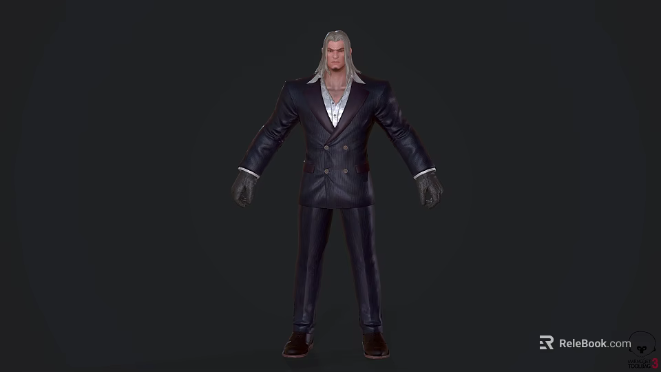 Game Movie Character With Silver Long Hair Black Suit White Shirt And Gloves 3d model 